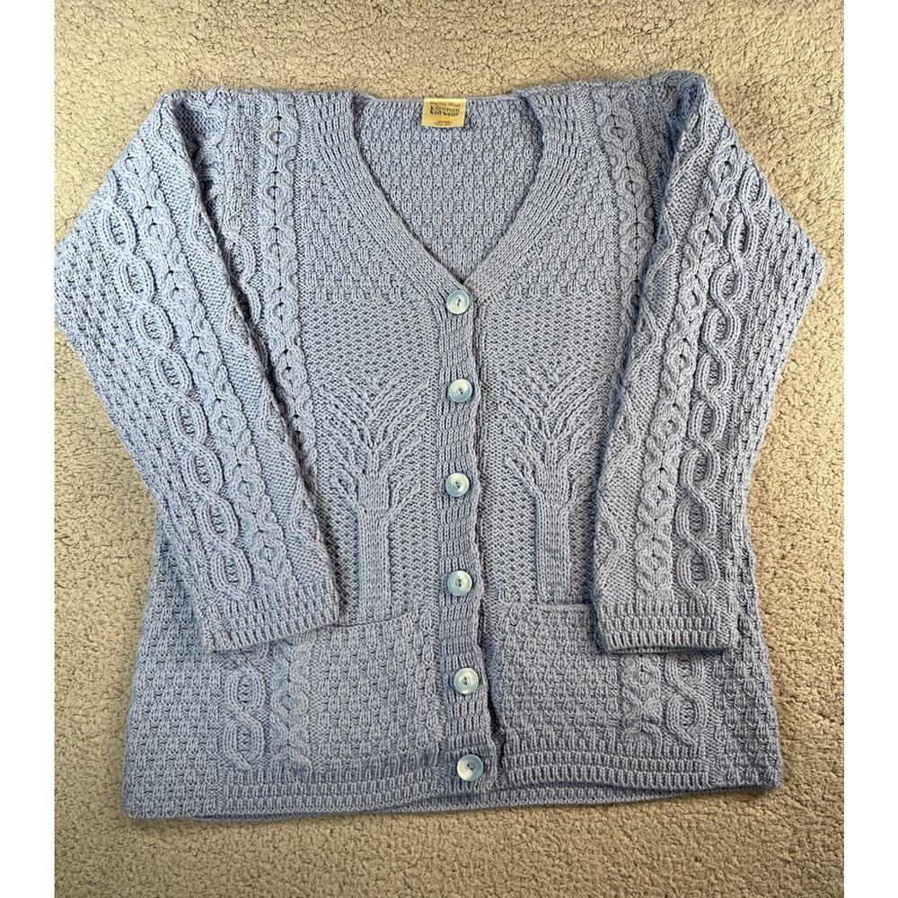Kilronan Knitwear Cardigan Sweater Women XL Cable Knit Tree Of Life Ireland Blue